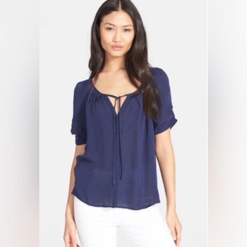 JOIE  Silk Short Sleeve Top Keyhole Nape Bow Ruched Navy Blue XS